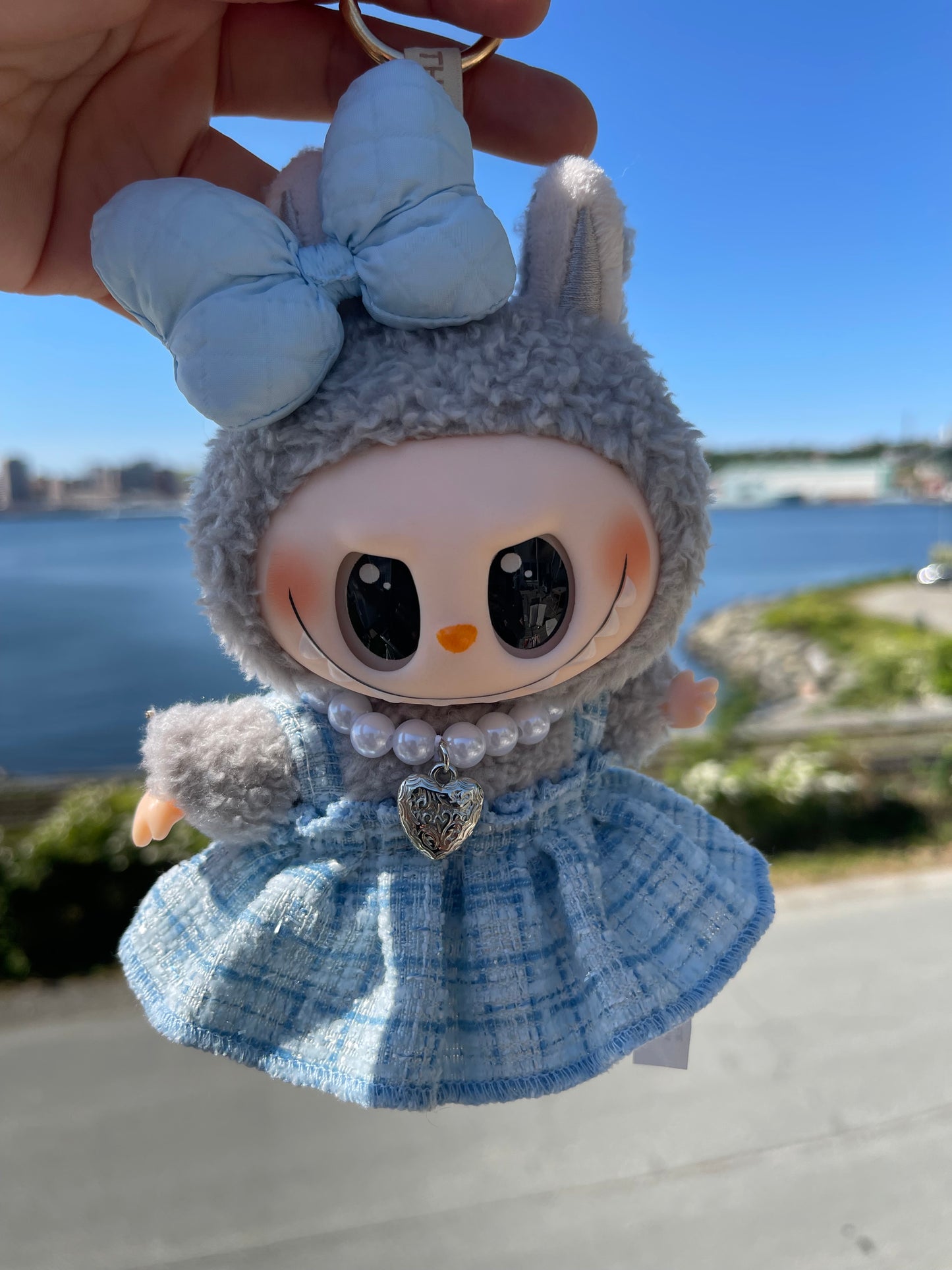 Blue & White Dress w Pearls & Bow