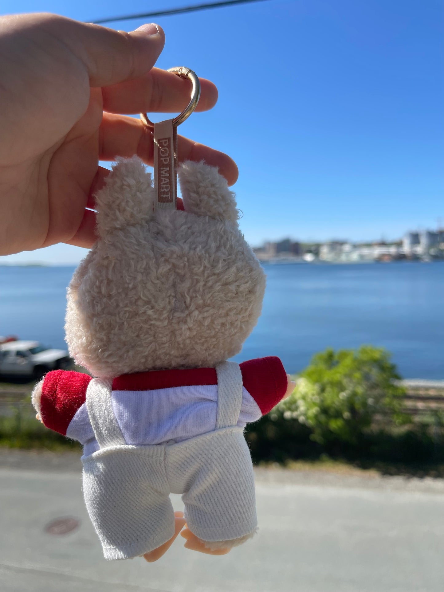 Beige Overalls w Red and White Shirt