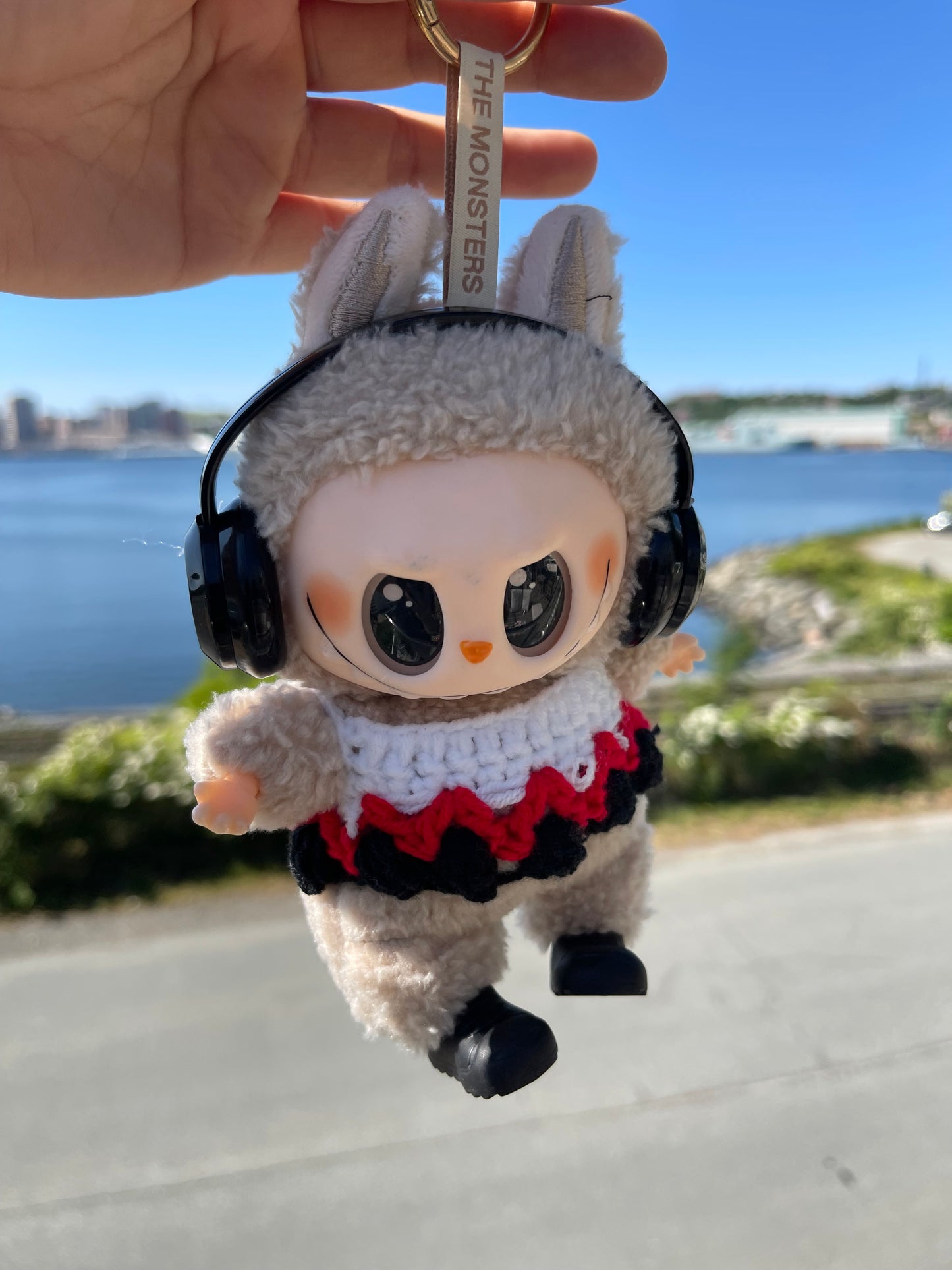 White, Red & Black Knit Sweater w Shoes & Headphones