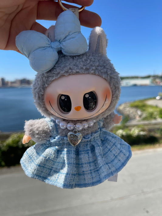 Blue & White Dress w Pearls & Bow